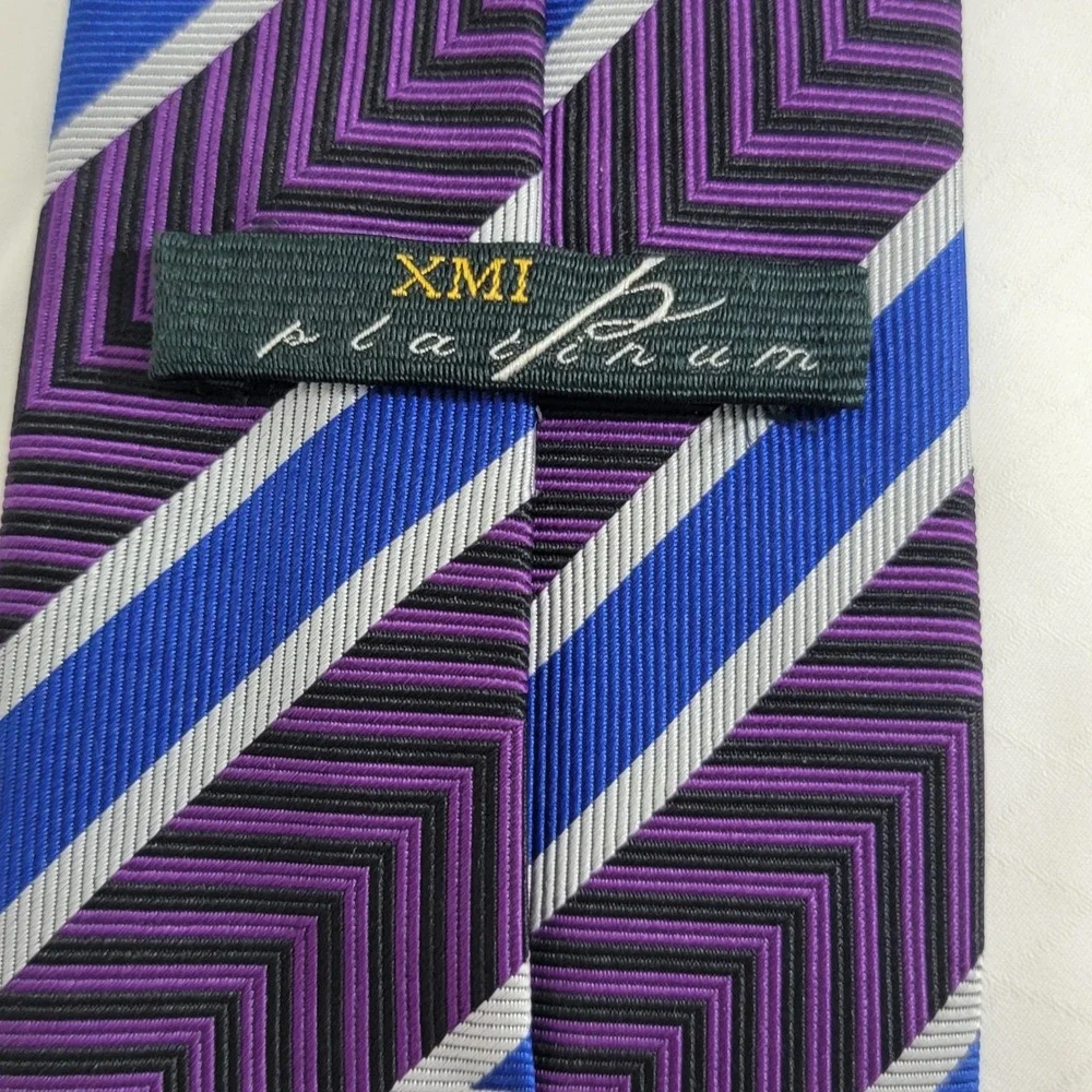 XMI Platinum Silk Tie Purple Blue Chevron Repp Stripe Hand Made USA